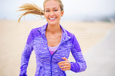 Buy stock photo Portrait, athlete or happy woman at beach running for exercise, training or fitness workout at sea. Sports, excited runner and healthy female person on road for cardio endurance, wellness or activity
