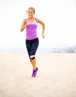 Buy stock photo Portrait, runner and woman at beach running for exercise, training or fitness workout at sea. Sports, athlete and healthy female person on road for cardio endurance, wellness or outdoor activity