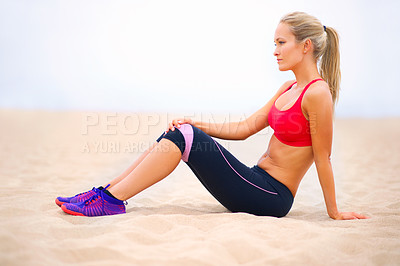 Buy stock photo Fitness, thinking and woman on beach for exercise, training and workout in nature. Summer, sports and person on sand for warm up, resting and relax for wellness, health and performance by ocean