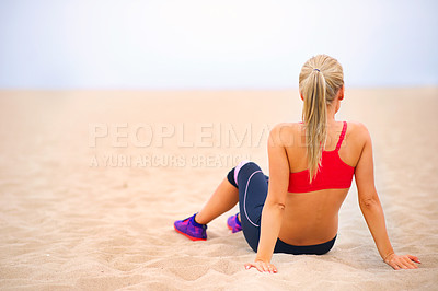 Buy stock photo Fitness, relax and back of woman on beach for exercise, training and workout in nature. Summer, sports and person on sand for warm up, rest and scenic view for wellness, health and active by ocean
