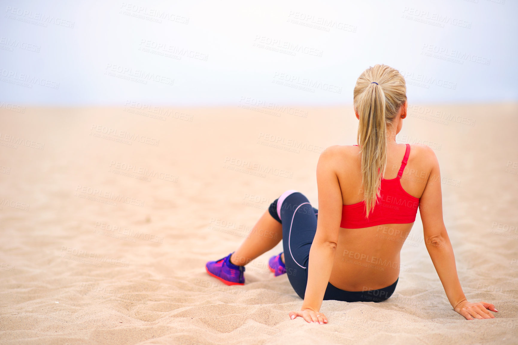 Buy stock photo Fitness, relax and back of woman on beach for exercise, training and workout in nature. Summer, sports and person on sand for warm up, rest and scenic view for wellness, health and active by ocean