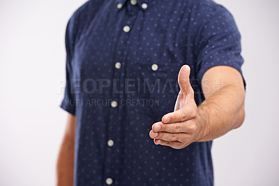 Buy stock photo Handshake, closeup and welcome person in studio, background and introduction in mockup space. Hand, gesture and networking for business with confidence and say thank you for agreement or offer