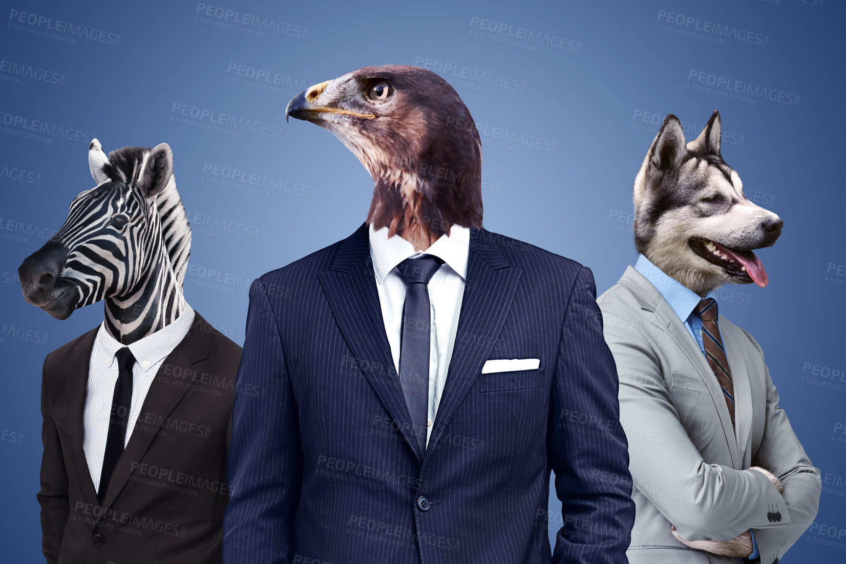 Buy stock photo Conceptual image of animal heads on business people