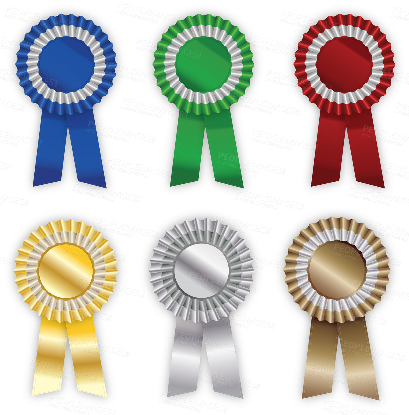 Buy stock photo Award, ribbon and rosettes by white background on banner, abstract and sign for victory in competition. Symbol, token and recognition of achievement for event, occasion, colors and winner or honor