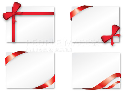 Buy stock photo Studio shot of red ribbon on white cards