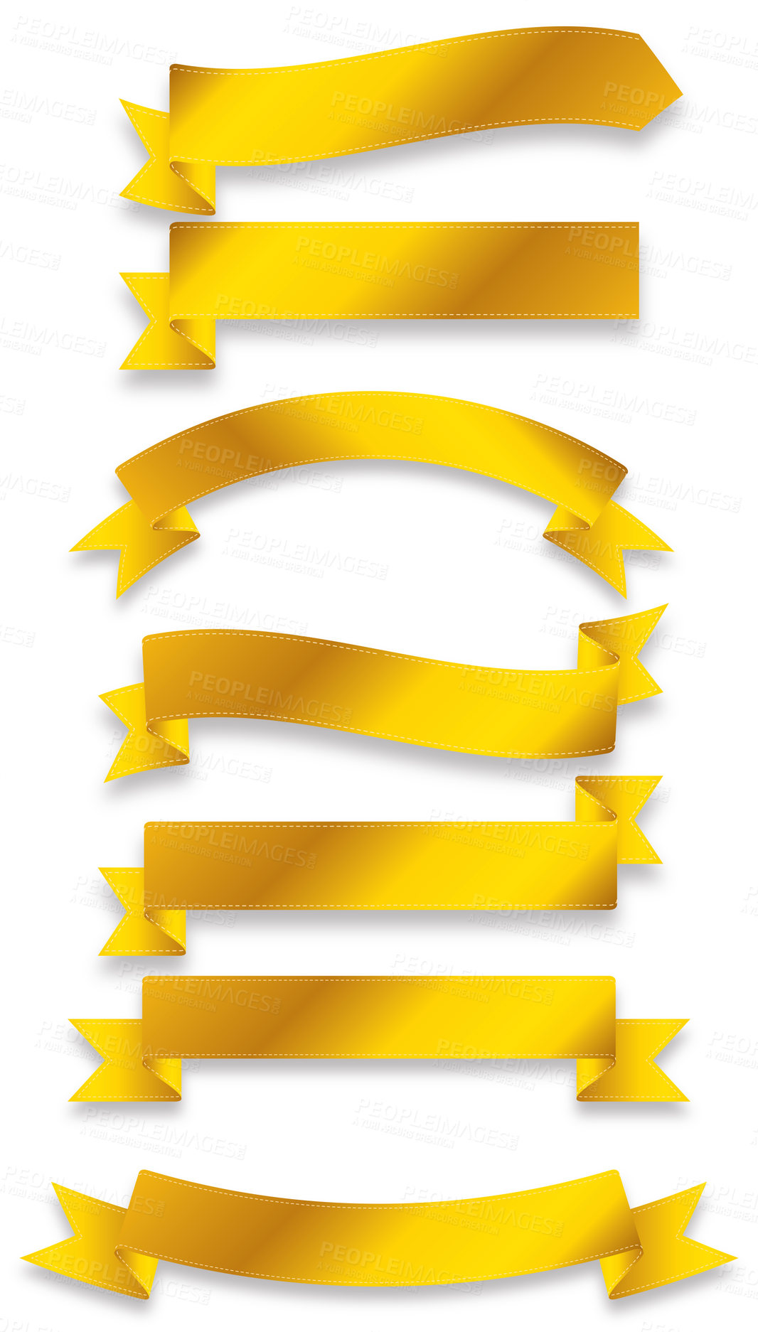Buy stock photo Yellow ribbons, vector and art by white background, color and illustration for award celebration. Image, creative and studio collection of badge for christmas decoration, golden and artistic concept