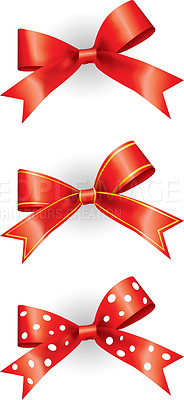 Buy stock photo Ribbon, bow and creative decoration in studio for gift packaging, holiday season and christmas aesthetic. Art, template design and present knot on white background for party, celebration and wrapping