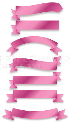 Buy stock photo Ribbon, banner and creative decoration in studio for gift packaging, colorful placard and slogan space. Art, template design and present knot on white background for party, celebration and wrapping