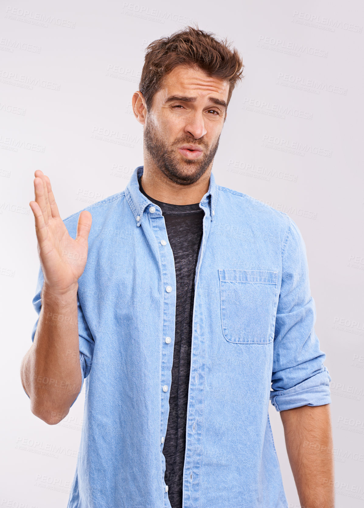 Buy stock photo Disgust, man and waving his hands for smell, unpleasant and bad stink on a grey studio background. Face, person and model with gesture and body odor with fart and poor hygiene with negative aroma