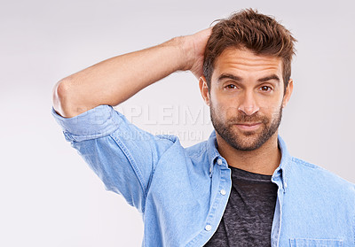 Buy stock photo Thinking, doubt or portrait of man in studio with confused, gesture or reaction on white background. Why, hmm and face of male model with suspicious expression, body language or question sign