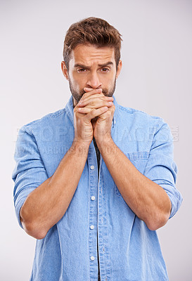 Buy stock photo Anxiety, stress and nervous man in studio for results, outcome or suspense gesture on white background. Overwhelmed, worry and male model with panic expression, overthinking or waiting for answer
