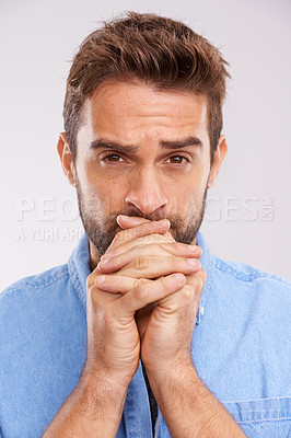 Buy stock photo Anxiety, stress and man portrait in studio nervous for results, outcome or suspense on white background. Overwhelmed, worry and male model face with panic expression, overthinking or waiting gesture
