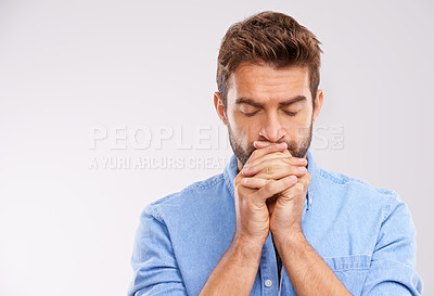 Buy stock photo Man, praying and worship with hope and faith in God, seek help and advice for guidance on white background. Spiritual, religion and gratitude with thanks, prayer and forgiveness with belief in studio