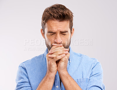 Buy stock photo Man, praying and worship with anxiety and faith in God, seek help and advice for guidance on white background. Spiritual, religion and gratitude with thanks, stress and forgiveness with hope