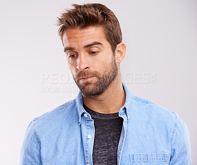 Buy stock photo Man, thinking or reflection with insight for solution, problem solving and decision on white background. Mindfulness, pensive and sad memory with thoughtful expression, choice or remember in studio