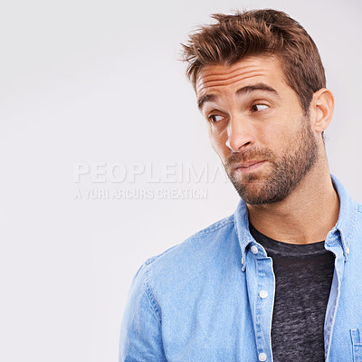 Buy stock photo Thinking, confused or man with idea, doubt or stress on white studio background with solution or emoji. Person, model or guy with decision or question with why or emotion with mockup space or wonder
