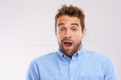 Buy stock photo Man, portrait and yawn, tired in studio and burnout with facial expression and insomnia on white background. Face, open mouth and fatigue with exhaustion, overworked and sleepless