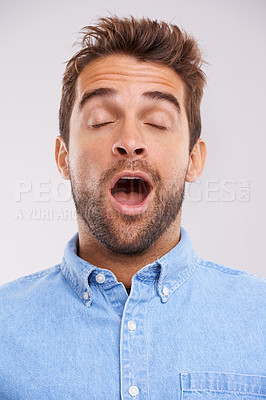 Buy stock photo Man, eyes closed and yawn, tired in studio and burnout with facial expression and insomnia isolated on white background. Face, open mouth and fatigue with exhaustion, overworked and sleepless