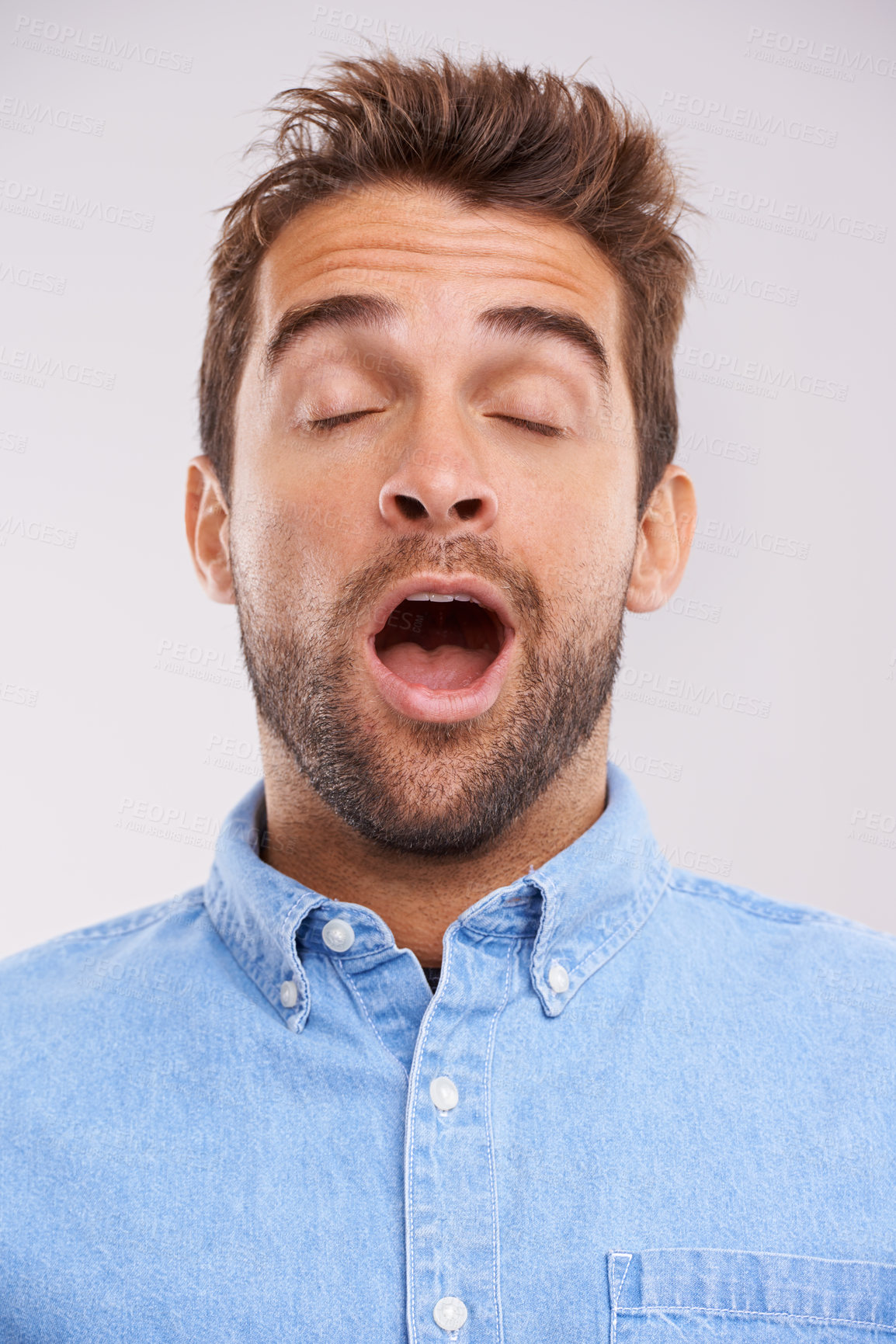 Buy stock photo Man, eyes closed and yawn, tired in studio and burnout with facial expression and insomnia isolated on white background. Face, open mouth and fatigue with exhaustion, overworked and sleepless