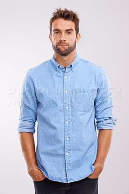 Buy stock photo Studio, portrait and casual man with doubt, frustrated and confused on white background. Opinion, disappointment and face of person with decision, conflict or uncertainty for choice, news or ideas