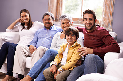 Buy stock photo Portrait of grandparents, parents and child on sofa for bonding, relationship and relax together. Big family, happy and mother, father and young boy with seniors for holiday, vacation and weekend