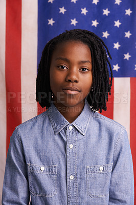 Buy stock photo Children, portrait and black boy with American flag in studio for freedom, event or patriotic pride. Face, immigration and African kid with USA banner for Memorial Day, history or human rights banner