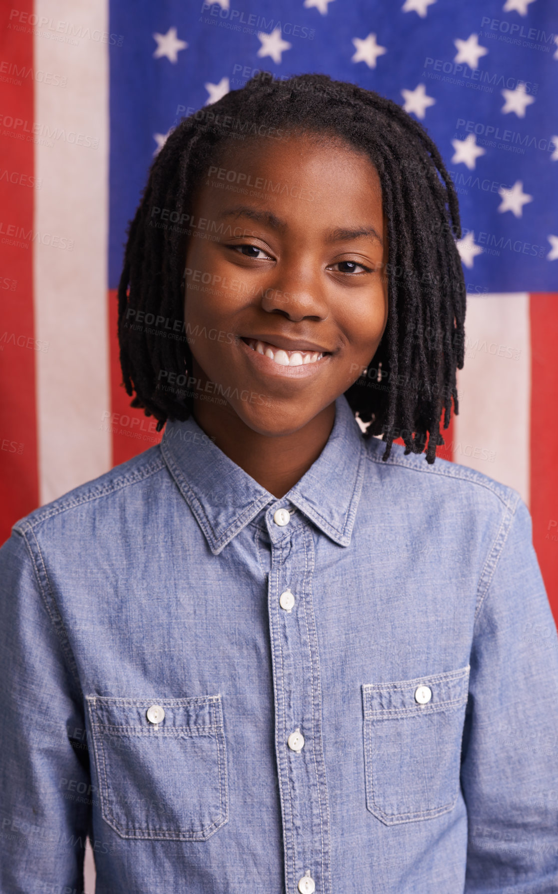 Buy stock photo Black child, portrait and happy by American flag or background for citizenship, education and vote. Smile and face of a young kid, student or boy from the USA with support for country and patriotism