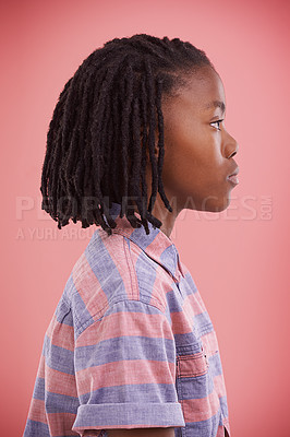 Buy stock photo Thinking, profile and black boy kid in studio with why, questions or memory on red background. Planning, child development or African teen model with vision for solution, problem solving or insight