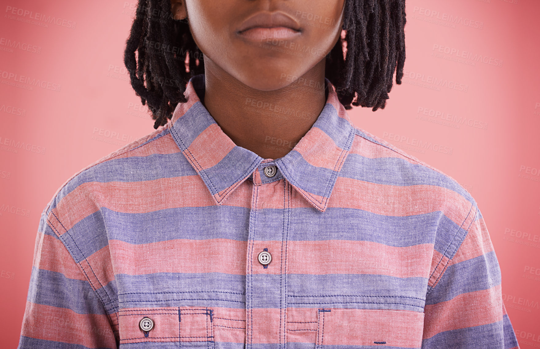 Buy stock photo Fashion, child and shirt with style, trendy and modern clothing of a African boy in a studio. Youth, hipster and casual clothes with a kid and cool teen top with pink background and serious face