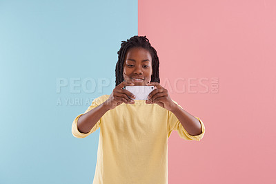 Buy stock photo Child, taking photo and smile with smartphone and colour for fashion, bright and childhood for fun, capture and record. African boy and happy with tech and lens for playful, young and tween 