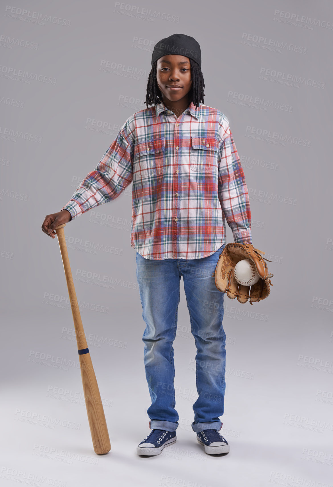 Buy stock photo Baseball, portrait and child in a studio with game, sport and fitness gear with a kid. Youth, equipment and African boy with modern and casual fashion with workout glove and teen with grey background