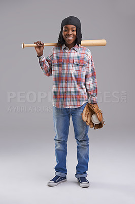 Buy stock photo Baseball, portrait and child in a studio with game, sport and fitness gear with a smile of a kid. Youth, happy and African boy with modern, casual and hipster fashion with a workout glove and a teen