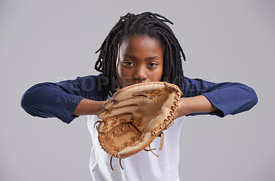 Buy stock photo Sports, baseball and portrait of kid on gray background with glove for training, practice and match. Fitness, youth and young boy with equipment for exercise, playing games and competition in studio