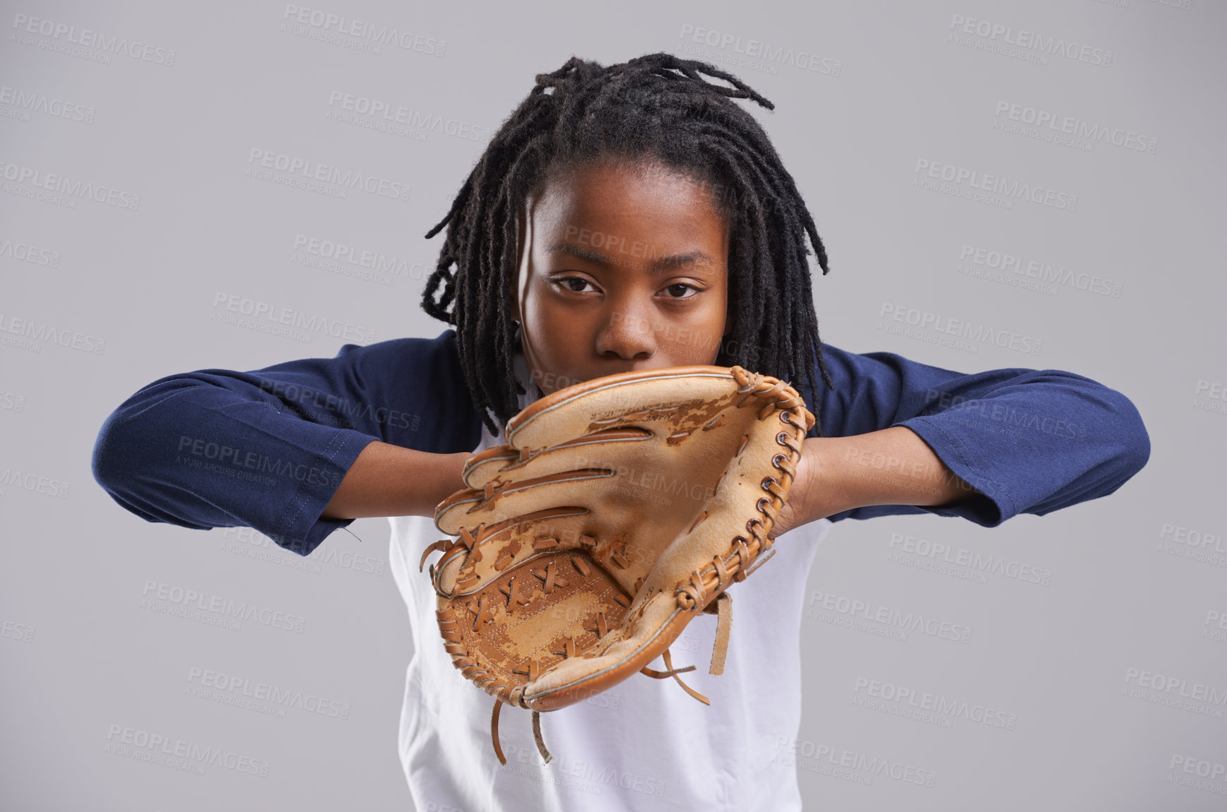 Buy stock photo Sports, baseball and portrait of kid on gray background with glove for training, practice and match. Fitness, youth and young boy with equipment for exercise, playing games and competition in studio