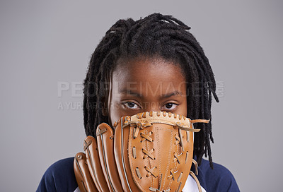 Buy stock photo Sports, baseball and portrait of child on gray background with glove for training, practice and match. Fitness, youth and young boy with equipment for exercise, playing games and pitch in studio