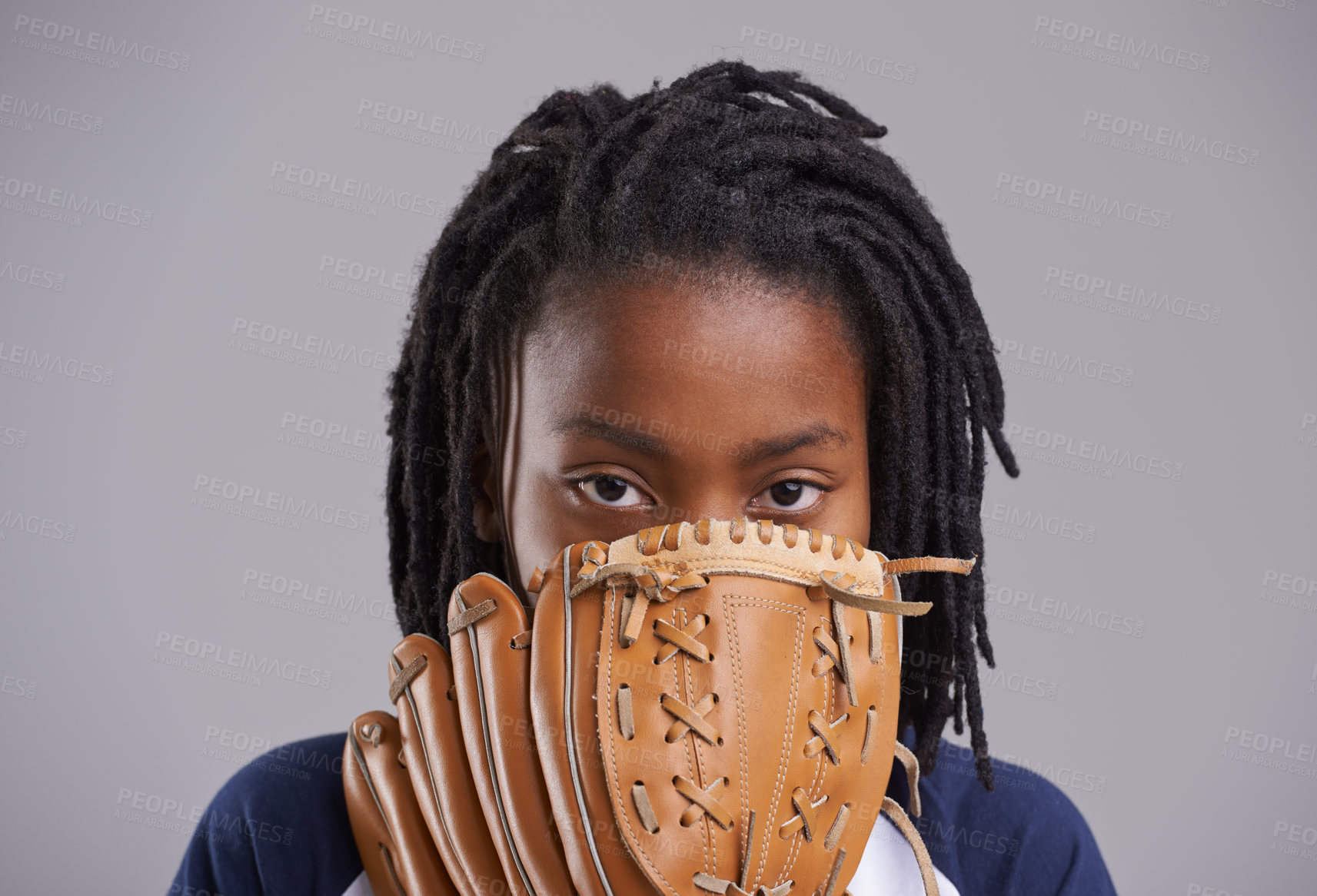 Buy stock photo Sports, baseball and portrait of child on gray background with glove for training, practice and match. Fitness, youth and young boy with equipment for exercise, playing games and pitch in studio