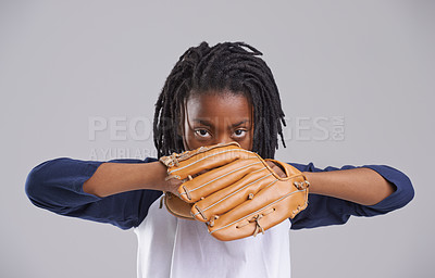 Buy stock photo Sports, baseball glove and portrait of child on gray background for training, practice and match. Fitness, youth and young African boy with equipment for exercise, playing games and pitch in studio