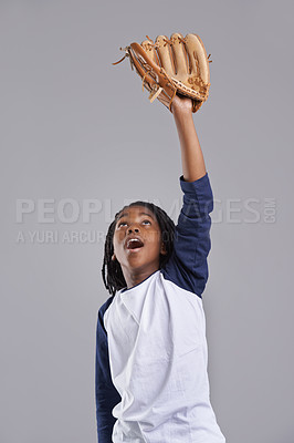 Buy stock photo Sports, baseball and child on gray background with glove for training, practice and match. Fitness, youth and excited young boy with equipment for exercise, playing games and training in studio