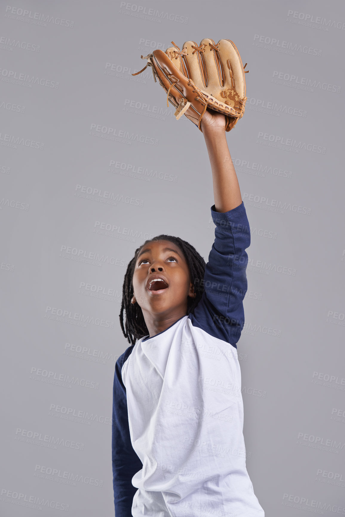 Buy stock photo Sports, baseball and child on gray background with glove for training, practice and match. Fitness, youth and excited young boy with equipment for exercise, playing games and training in studio