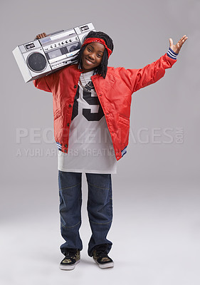 Buy stock photo Studio shot of a young boy dressed in hip hop attire