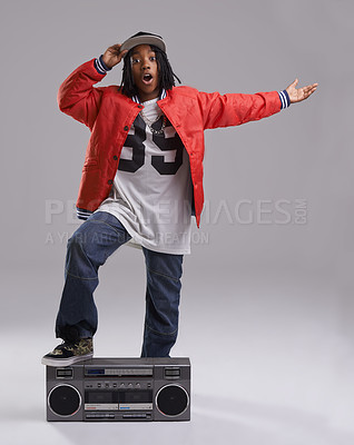 Buy stock photo Black child, wow and portrait with radio for hip hop, rap and swag dance with cool clothes in studio. Smile, teen clothing and boombox with urban style and fashion and kid with grey background