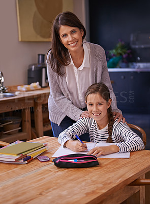 Buy stock photo Homework, mother and girl with books for portrait, advice or check for studying with education. Mom, daughter and notebook with drawing, notes and development with learning in kitchen at family house