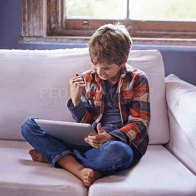Buy stock photo Boy, child and tablet for gaming with win, success with streaming and contest online, esports and celebrate. Pride, yes and fist pump with cheers, winner and digital world with gamer app at home