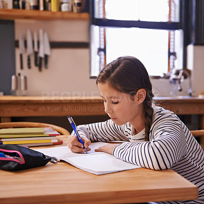 Buy stock photo Girl, child and homework with studying in kitchen with writing, development or notes for education in house. Kid, notebook and thinking with learning, language and ideas for assessment in family home