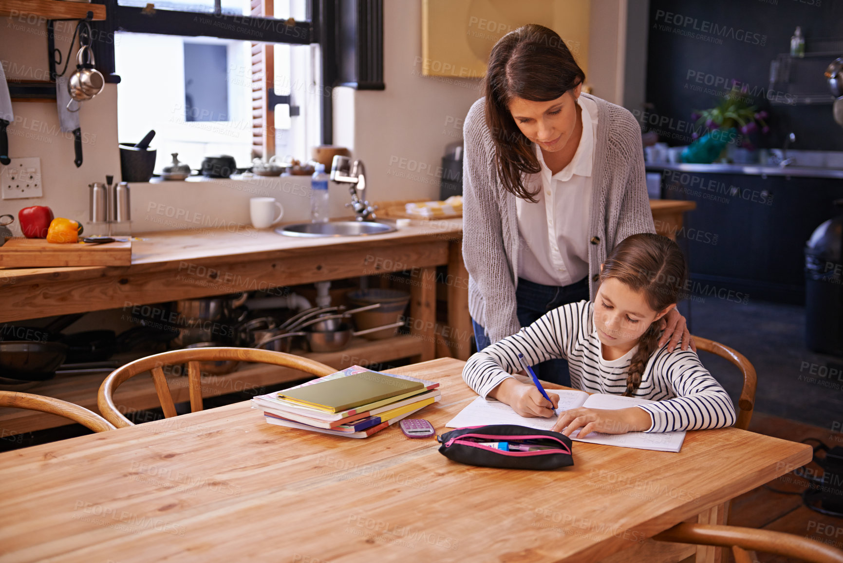 Buy stock photo Cropped shot of a young girl studying with her mother nearby to help