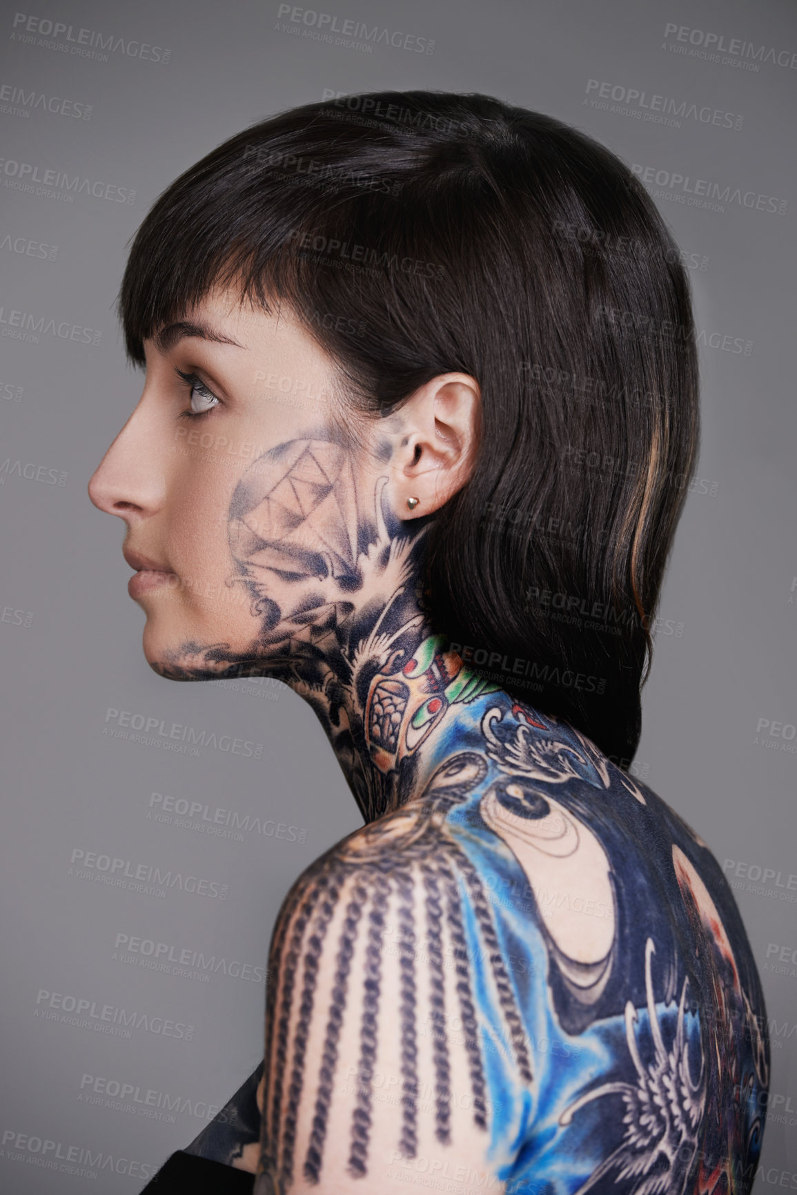 Buy stock photo Woman, tattoo and ink for creative, body and design for picture and symbol for blue and colourful. Young person and look with art for bold, cool and statement for funky, trendy and unique for edgy