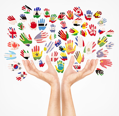 Buy stock photo Concept shot of hands forming a tree with more hands forming leaves with flags on them