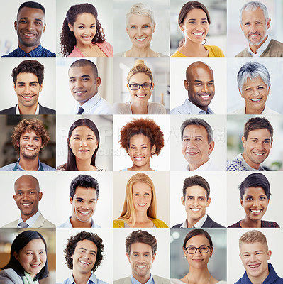 Buy stock photo A cropped shot of people from different countries smiling together in a multitude of portraits