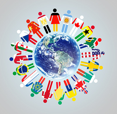 Buy stock photo A globe with vector representations of world cultures and nationalities standing around it