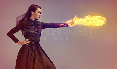 Buy stock photo Fire, fight and woman hands for fantasy martial arts, creative studio background and ninja design. Superhero, warrior and flame or fireball attack of asian model in surreal Japanese battle mockup